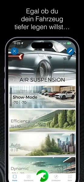Die App zeigt Fahrzeugdaten und Einstellungen im Dashboard
