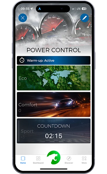 Приложението Maxhaust: Warm-up Timer е активен, обратно броене до пълната мощност