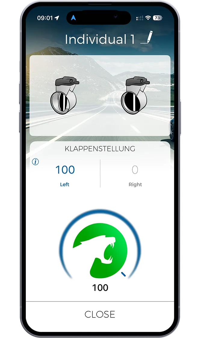 Maxhaust app: left valve open, right valve closed