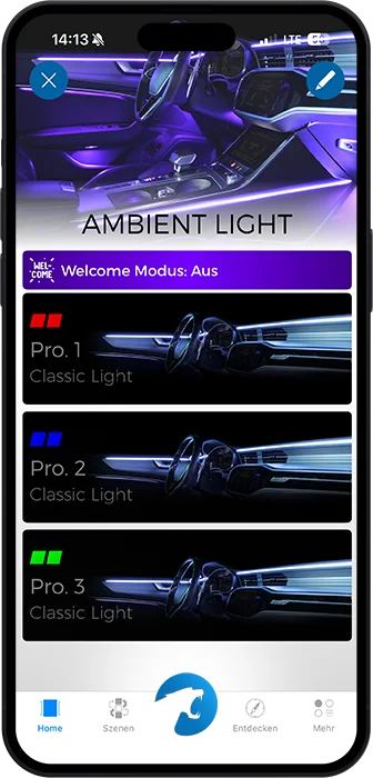 Изглед от приложението Ambient Light с профили Pro. 1 до Pro. 3