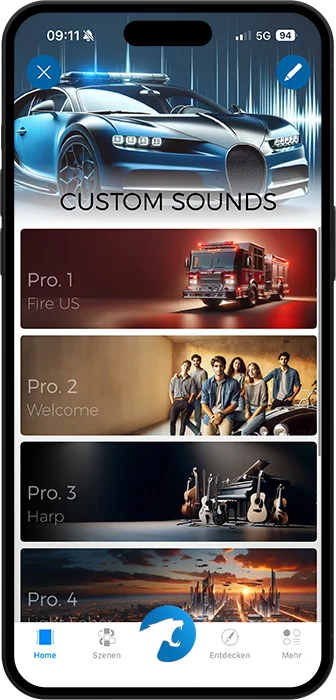 Изглед от приложението Custom Sounds с профили Fire US, Welcome и Harp
