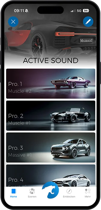 Изглед от приложението Active Sound със звуковите профили Muscle и Massive
