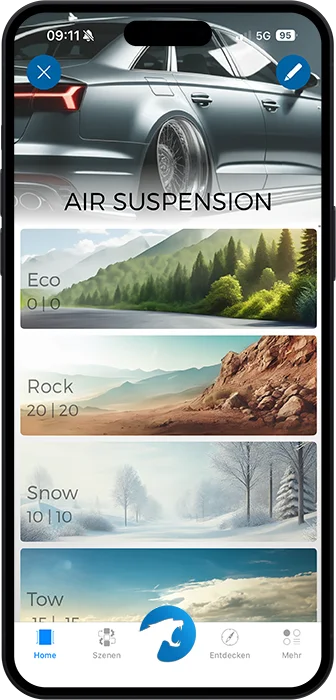 Изглед от приложението Air Suspension с профили за височина Eco, Rock, Snow и Tow
