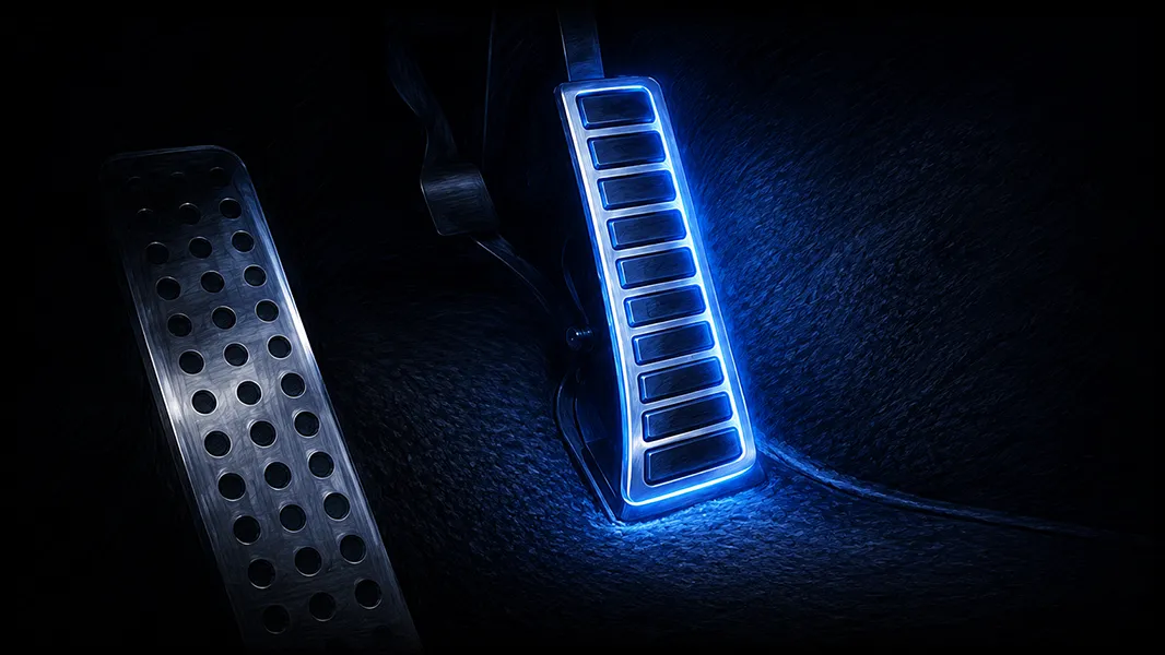 Пространство за краката със синьо осветен педал за газта до опората за крак